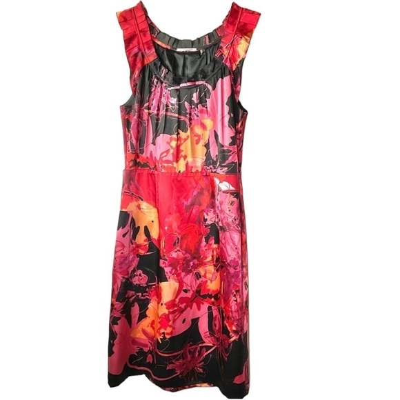 Tahari Dress Red Black Pink Satin Floral Ruffle Satin Size M - Picture 1 of 11